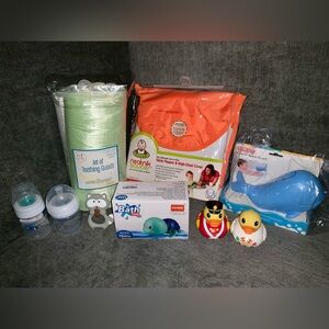NWT Baby Essentials; Bath Items, High Chair Cover, Teething Guards, Bottles